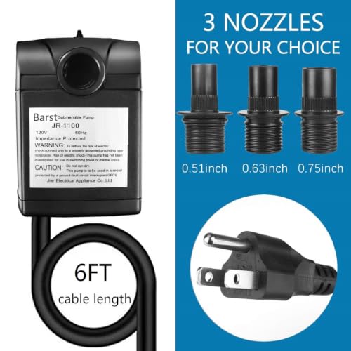 Image of BARST 300GPH Submersible Pump, Ultra Quiet Fountain Water Pumps | 16W, 1100L /H with 6ft Power Cord & 3 Nozzles for Aquariums, Fish Tanks, Ponds, Statuary, Hydroponics
