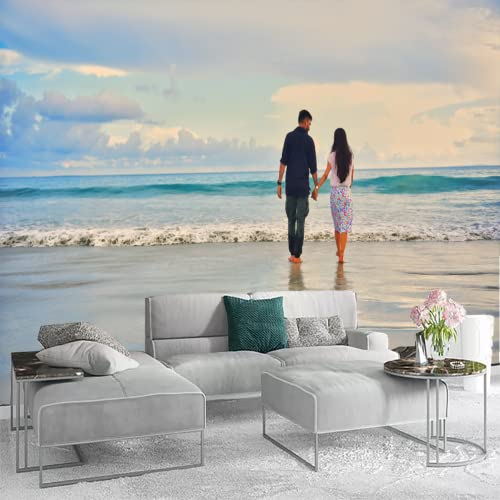 Hrogdo Man Couple In Love 3D Print Wall Mural, Water Beach Walk For Two Mural Wallpaper,Removable Self-Adhesive Large Wall Stickers For Living Room Tv Sofa Backdrop Decor,157" W X 110" H #TOP7
