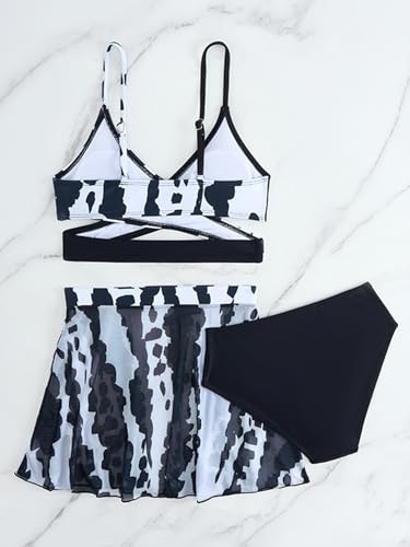 Image of Girl's 3 Piece Bikini Set Cow Print Front Twist Swimwear Bathing Suit with Wrap Cover Up Skirts Black 11Y