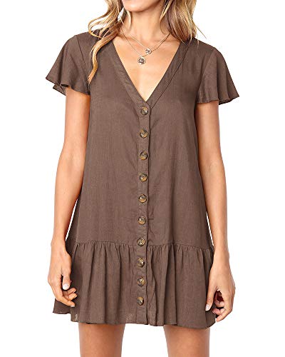 Image of Imysty Womens Polka Dot V Neck Button Down Ruffles Loose Mini Short T-Shirt Dress
