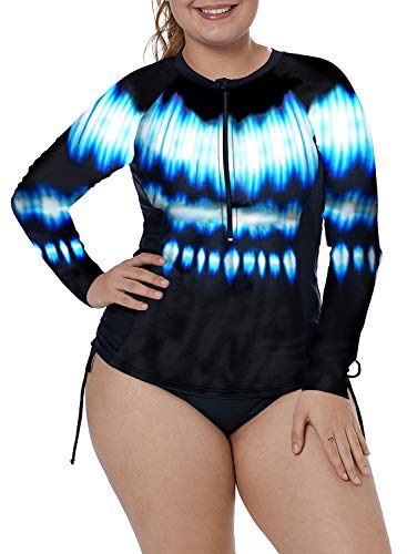 Xakalaka Women's Plus Size Zip-Front Multicolor Striped Long Sleeve Tankini Rashguard Top Black Xxxxl #TOP2
