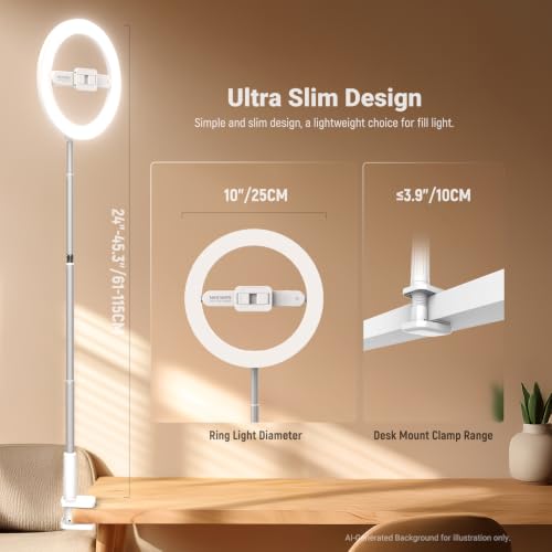 Image of NEEWER Entry Level Version 10 inch 7W LED Selfie Ring Light with Desk Clamp Stand Phone Holder for iPhone, Laptop Video Conference Streaming Recording Makeup Lighting, 3 Tones 3000mAh Rechargeable, N16