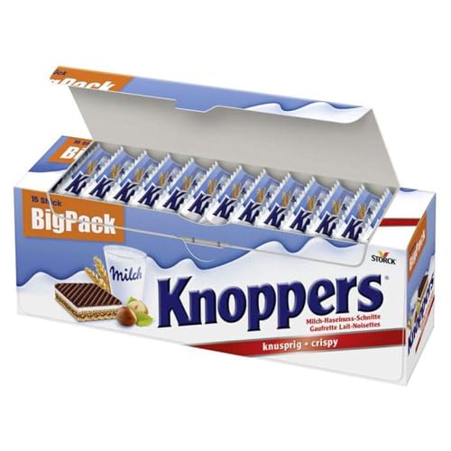 Image of Knopperss Crispy Wafers with Nougat and Milk Cream - | German Imported Chocolate Wafer Snack | Creamy Milk & Crunchy Wafers Big Pack 15 x 25g Bars