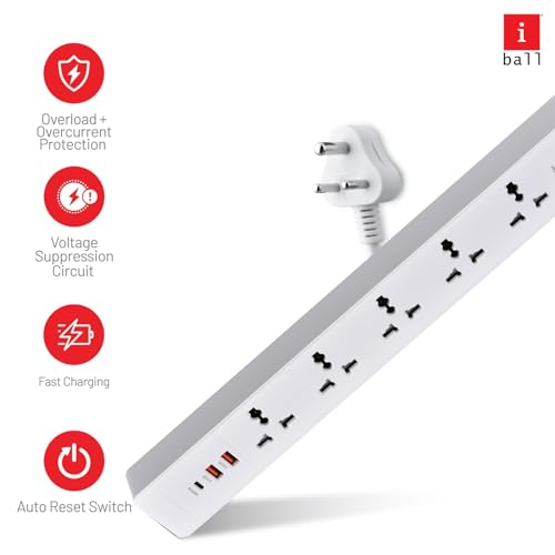 Image of iBall GUARD-5QC 5-Socket Surge Protector with PD20W+2 USB Port for Charging, TF MOV+500 Joules, Auto-Reset Switch, 2M ISI Certified Cable, 100% Copper Conductor, 2500W Load Capacity, 3 Years Warranty
