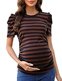 FUNJULY Maternity Shirts Women's Casual Floral Print Tops Pregnancy Puff Short Sleeve Striped Ruched