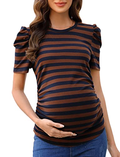 Funjuly Maternity Shirts Women's Casual Floral Print Tops Pregnancy Puff Short Sleeve Striped Ruched Side Tunic Top Brown Navy Stripe M #TOP23