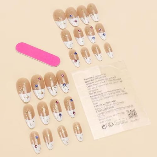 Image of White French Tip Press On Nails - Star Design Medium Almond False Nails with Rhinestone Glossy Artificial Acrylic Full Cover Nude Stick On Nails for Women & Girls Manicure