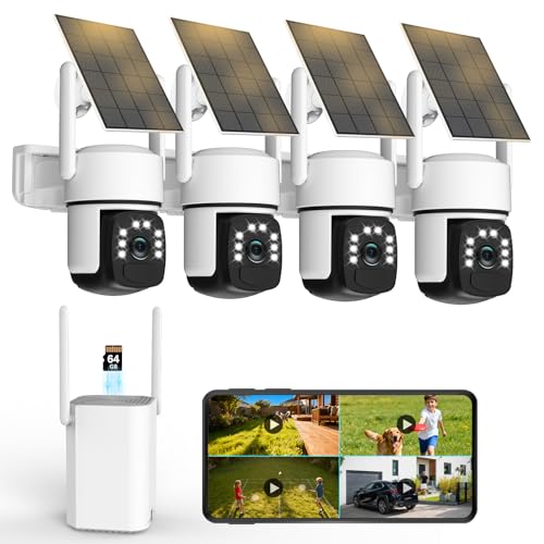 2K Camera Surveillance WiFi Exterieure sans Fil,4 Cam-Kit avec Home Station/Stockage Local 64G/Camera Solaire,360° PTZ Sécurité à Domicile,Vision Vocturne,Alarme,Audio Bidirectionnel,2.4/5G WIFI