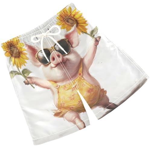 Pigsaly Boys' Swim Board Shorts Sunny Sunflower Sunglasses Confident Dancing Pig Boy's Swim Trunks Kids Swimwear M
