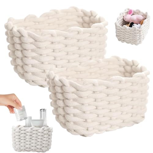 Geflochtene Baumwolle Strickkorb, 2pcs Kleiner Korb Geflochten Baumwolle, 20 * 15 * 12cm Geflochten Körbchen Aufbewahrung Weiß, Korb Baumwollseil Geflochten, für Schreibtisch, Schminktisch, Kosmetik