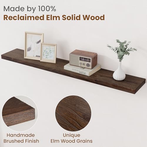 Image of Floating Shelves for Wall Decor, 8 Inch Deep Rustic Solid Elm Wood Floating Shelves Wall Mounted, Wall Shelves with Invisible Bracket for Living Room Bathroom Bedroom Kitchen, 48 Inch Set of 1, Walnut