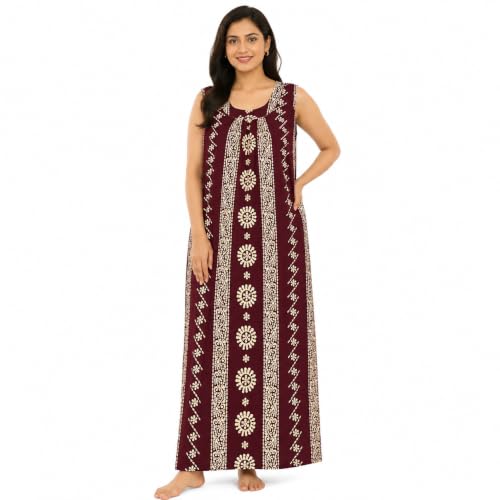 Image of JAYAS Women's Cotton Nighty | Rajwadi Print Maxi Night Gown | Sleeveless Round Neck Long Nighty | Soft Breathable Cotton Sleepwear | Printed Home Wear Lounge Wear | Full Length House Dress