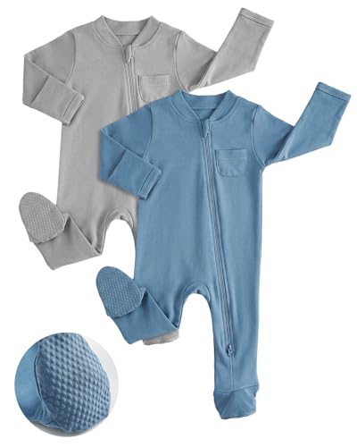 JiAmy Pyjama Bébé Fille Garçon, 2PCS Dors Bien Manches Longues Bébé, 100% Coton Combinaison avec Pieds Bébés, Nouveau-Né Vêtements Bleu Gris 0-3 Mois