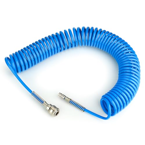 TAILONZ PNEUMATIC Blue 10M PU air Spiral Hose with 8mm Outer Diameter, (with Quick Coupling and Plug Nipple, PU Hose Material)