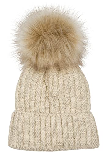 styleBREAKER Bonnet en Maille avec Pompon Unisexe, avec Motif tressé et Doublure en Polaire, Bonnet d'hiver avec Un Pompon en Fourrure, Fausse Fourrure, fabriqué en Pologne 04024171, Couleur:Beige Cover
