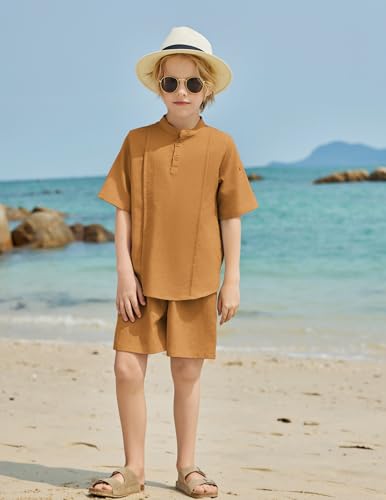 Image of Arshiner Boy's 2 Pieces Linen Sets Short Sleeve Henley Shirt and Shorts Summer Beach Matching Outfits 4-12 Years