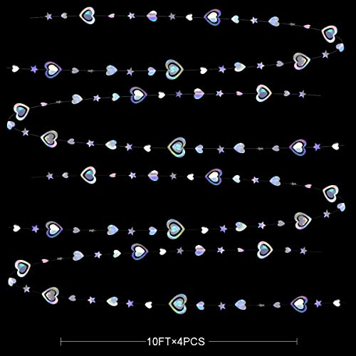 40Ft Iridescent 3D Heart Twinkle Star Garland Holographic Paper Streamer Banner For Birthday Mother's Day Anniversary Engagement Wedding Bridal Baby Shower Hen Valentines Day Party Decoration Supplies #TOP1