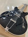 Left-handed,Semi-Hollow Electric Guitar, Black Flamed Maple Top, Chrome Hardware, F-Hole Design