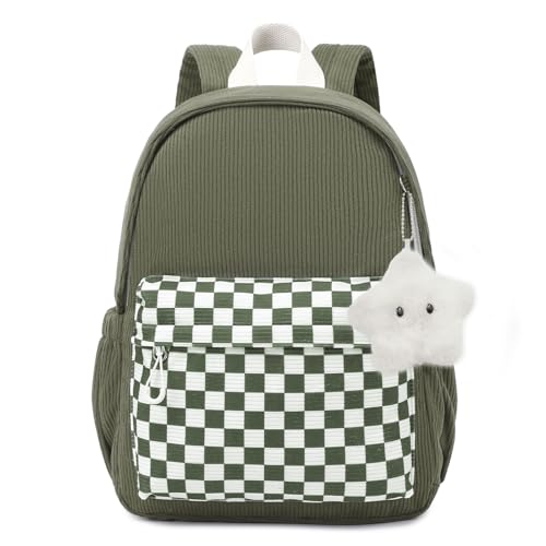 Ryushoyo Mochila infantil para meninas e meninos 4 a 8 lindas bolsas escolares de 35,5 cm, pré-escolar, jardim de infância, creche, viagem, costas diurnas, verde exército com xadrez