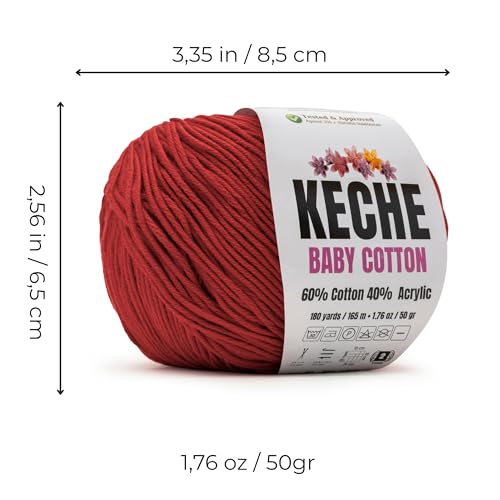 Image of Keche Baby Cotton, 60% Cotton 40% Acrylic Yarn, Soft Cotton Yarn for Crochet and Knitting, Amigurumi Yarn 1 Skein /Ball 1.76 Oz (50g) / 180 Yrds (165m) - Red