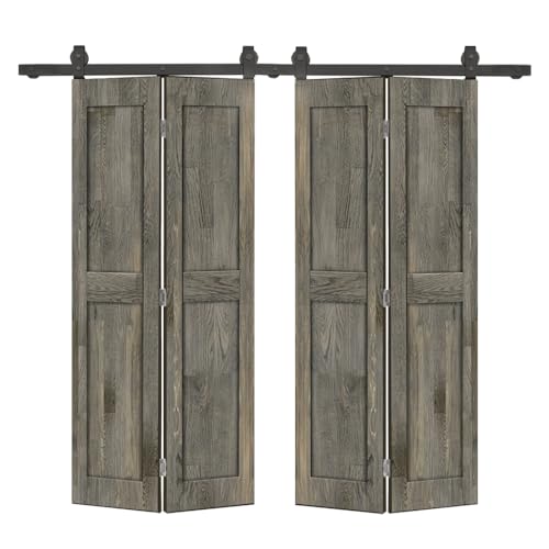 64 in. x 80 in. 2 Panel Shaker Hollow Core Weather Gray Pine Wood Double Bi-Fold Door with Barn Door Hardware Kit