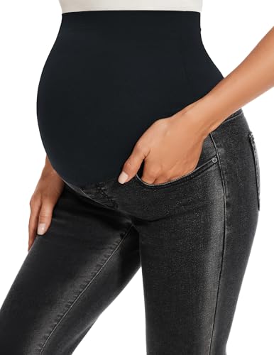 Image of GLAMIX Women's Stretch Maternity Bootcut Jeans with Pockets Over The Belly Bell Bottoms Flare Denim Pants Pregnancy Clothes