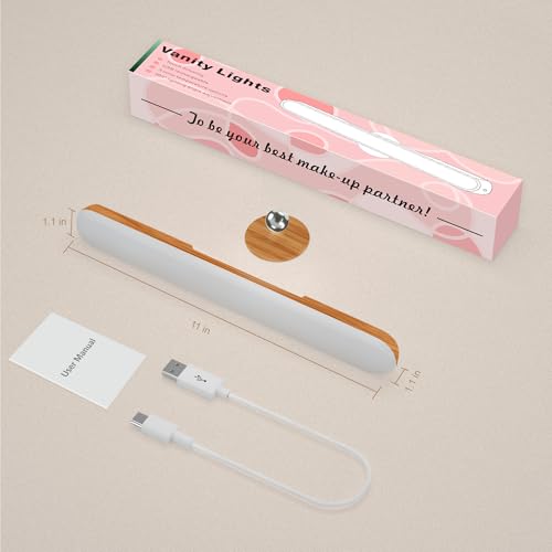 Image of Benreom Vanity Light for Mirror with 4000mAh Rechargeable Battery, Touch Control Dimmable Makeup Light with 3 Color Modes, Magnetic 360 Adjustable LED Bathroom Mirror Light, Light Wood