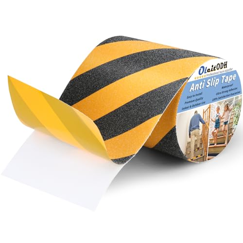 Image of 8 in x 60 ft Anti-Slip Tape for Stairs, Black /Yellow, Indoor /Outdoor | Strong waterproof adhesive, easy DIY cut-to-fit on wood, concrete, or tile. High-visibility stripes warn of slip hazards