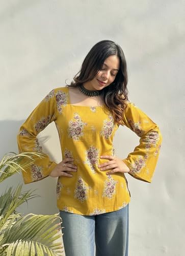 Image of ANNI Designer Women's Viscose Blend Printed Short Kurti | Straight Fit Ethnic Top with Square Neck | Bell Sleeve Indian Kurta for Office College, Party