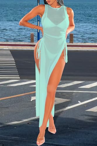 Women's Sexy Sheer Mesh Cover Up Beach Dress High Split Drawstring Swimsuit Bikini Cover Ups - Image 7