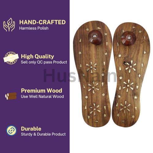 Image of Art and Craft India Wooden Handmade khadau for Temple Decoration | Khadau Slipper for Men & Women | Wearable Charan Paduka | mandir Puja Ghar Decoration Item | Slipper for Lord Temple (Brass Design)