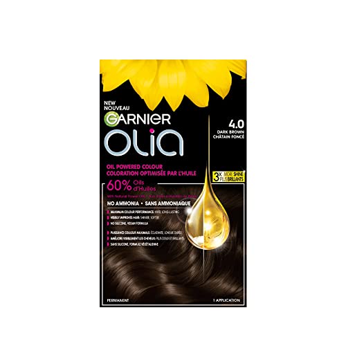 Garnier Olia Hair Dye Hair Colour 100% Grey Coverage No Ammonia Oil-Powered for Luminous Long-Lasting Vibrant Hair Color Shade: 4.0 Dark Brown
