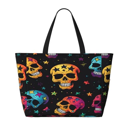 Colorful Skull Beach Bags For Women, Skull Stars Large Waterproof Tote Bag Sandproof Pool Bag Handbag For Travel Work Gym2