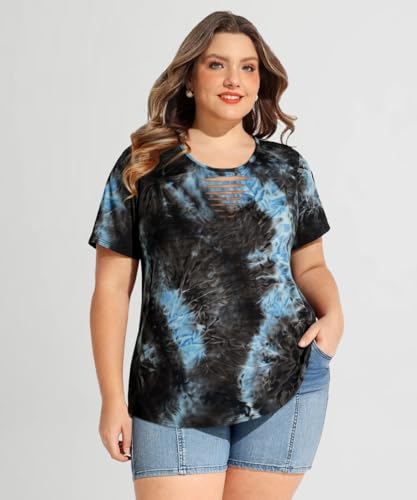 Image of CARCOS Plus Size Tops for Women Short Sleeve Shirts Basic Tee Solid Color Blouse V Neck Tunic Loose Fit Tshirts Summer XL-5XL