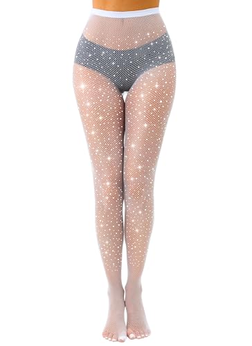 Image of VEBZIN Sparkly Fishnets Stockings High Waist Fishnet Tights for Women | Rhinestone Design, Sparkly Glitter Effect, Reinforced Toe, High Stretch, Everyday Wear, Rave Party Concert Festival Outfits