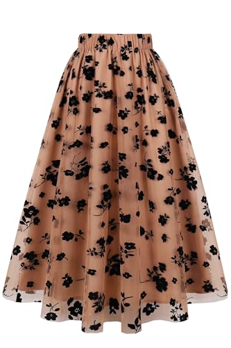 AXOE Femme Jupe Tulle Mi Longue Taille Elastique Evasee Chic et Elegante pour Mariage Festival Khaki Brodée de Fleur, Taille 40-44, L