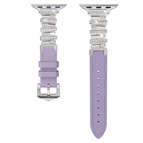 Leather Strap Compatible with Apple Watch Bands Luxurious Slim Fashion Strap Premium Stainless Steel Connectors Designed for Women iWatch Series 11/10/9/8/7/6/5/4/SE (46/45/44/42mm Purple-Starlight) by BinGeLi - Used condition - US$10.29