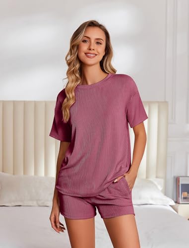 Image of Ekouaer 2 Piece Sets for Women Matching Lounge Sets Summer Outfits | Casual Loungewear, Ribbed Loose Set, Short Sleeve Shirt and Shorts, Crewneck, With Pockets