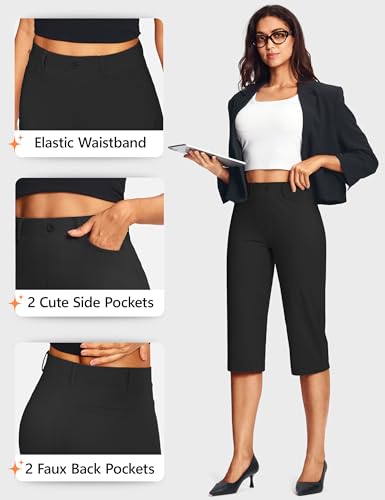 Image of ISEEGZ 14'' /18 inch Capri Pants for Women Dressy Stretch Pull On Womens Capris with Pockets Petite Summer Office Work Casual