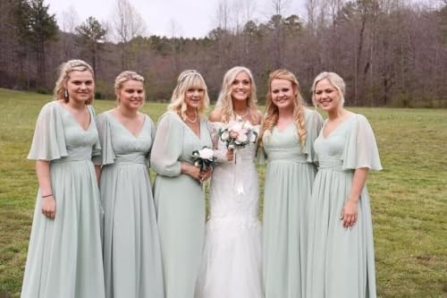 YOFF V-Neck Flutter Sleeve Bridesmaid Dress with Pockets A-Line Long Chiffon Formal Party Dresses with Slit YO0033