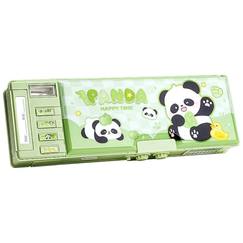 Image of Multifunctional Geometry Lock Pencil Box for Kids, Students, Boys & Girls, Magnetic & Passworld Lock Compass Box, Green Panda Theme School Return Gifts