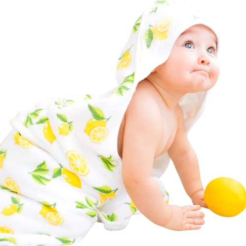 Image of KloudBambu Hooded Baby Towel, Super Soft to Sensitive Skin, Ultra Absorbent, for Newborn, Infant, Toddler Girls and Boys, Lemon Print…