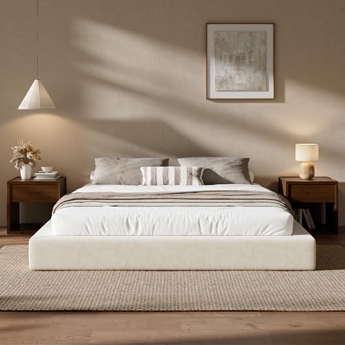 Image of RECCI AirFrame King Size Bed Frame, Cloud Upholstered Platform Bed Frame, 5 Inch Fully Boxy Foam Cushioned, Square Shape Base, No Box Spring Needed, Easy Assembly | Beige Chenille, Soft Low-Profile