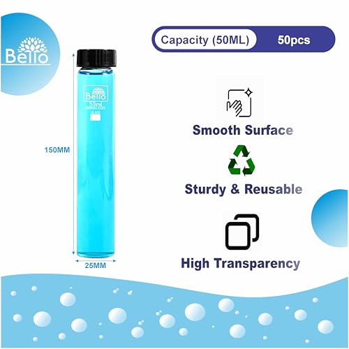 Image of Bello 50ml Clear Glass Vials Culture Tube with PE Stopper, 50pcs Leak-Proof Glass Bottles Containers for Storage Liquid, Essential Oil, Pills, Lab, Home and Kitchen Use