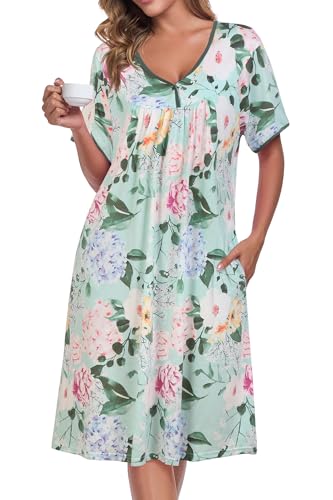 Image of AVIIER Nightgows for Women Soft Cotton Night Shirts Short Sleeve Sleepwear with Pockets