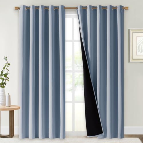 Image of NICETOWN 100% Blackout Window Curtain Panels, Vintage Blue, 2 Pieces, 70 inch Wide Each Panel, Cold and Full Light Blocking Drapes with Black Liner for Nursery, 84 inch Drop Thermal Insulated Draperies
