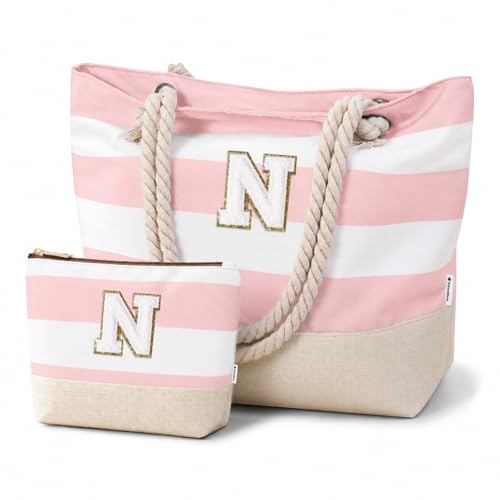 Image of Vavabox Initial Beach Tote Bag for Women, Water-resistant Travel Beach Bag Pool Bag Set, Birthday Gifts for Women Mom
