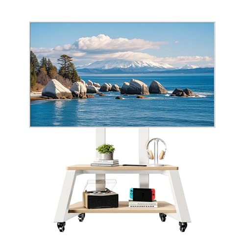 Mobile TV Stand Rolling TV Cart with Wheels for Most 32-86 Inch TV Stand with Double Wooden Shelf,...