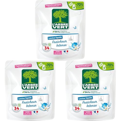 L'Arbre Vert Recharge Lessive Ecolabel Fraîcheur intense - Hypoallergénique - 34 Lavages - 94% d'ingrédients d'origine naturelle - 1,53L (Lot de 3)