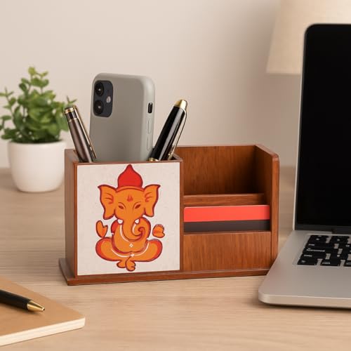 Image of Handcrafted Wooden Pen Holder & Mobile Stand | Desk Organizer for Office, Home & Study Table | Pen Pencil Stand with Card Holder (6.75x3.75x2.5 Inch) (Ganesha Harmony)